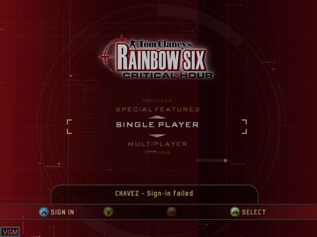 Menu screen of the game Tom Clancy's Rainbow Six Critical Hour on Microsoft Xbox