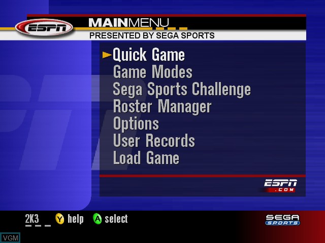 Menu screen of the game World Series Baseball 2K3 on Microsoft Xbox