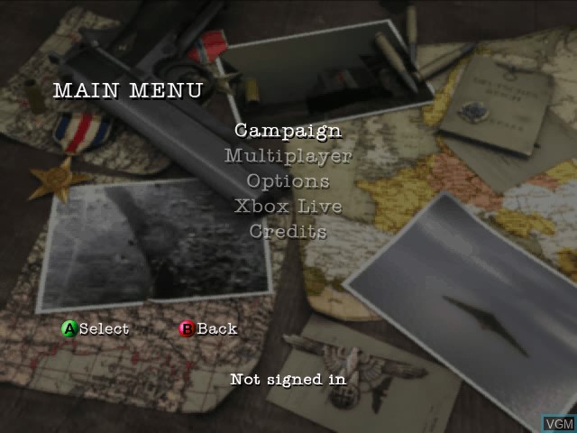 Menu screen of the game World War II Combat - Road to Berlin on Microsoft Xbox