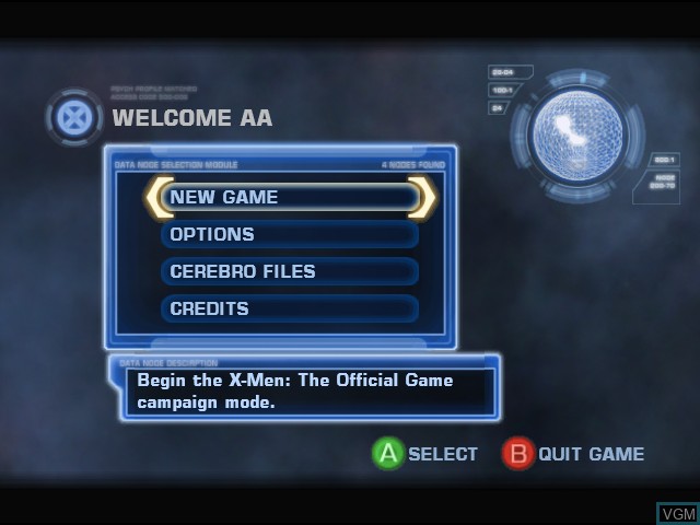Menu screen of the game X-Men - The Official Game on Microsoft Xbox