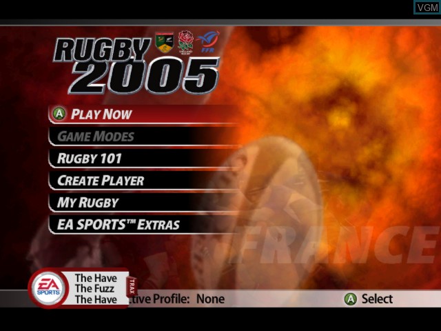 Menu screen of the game Rugby 2005 on Microsoft Xbox