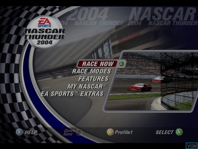 Menu screen of the game NASCAR Thunder 2004 on Microsoft Xbox