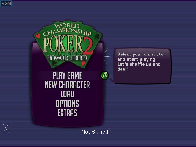 Menu screen of the game World Championship Poker 2 - Featuring Howard Lederer on Microsoft Xbox