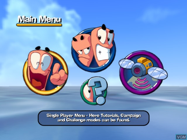 Menu screen of the game Worms 3D on Microsoft Xbox
