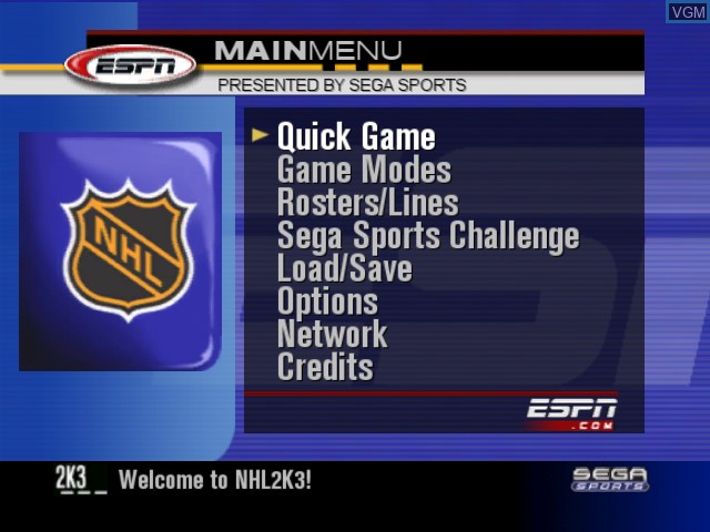 Menu screen of the game NHL 2K3 on Microsoft Xbox