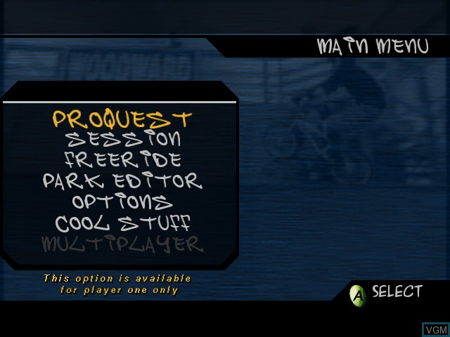 Menu screen of the game Dave Mirra Freestyle BMX 2 on Microsoft Xbox
