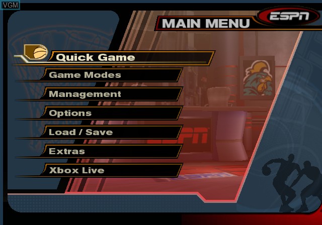 Menu screen of the game ESPN College Hoops 2K5 on Microsoft Xbox