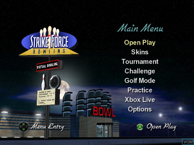 Menu screen of the game Strike Force Bowling on Microsoft Xbox