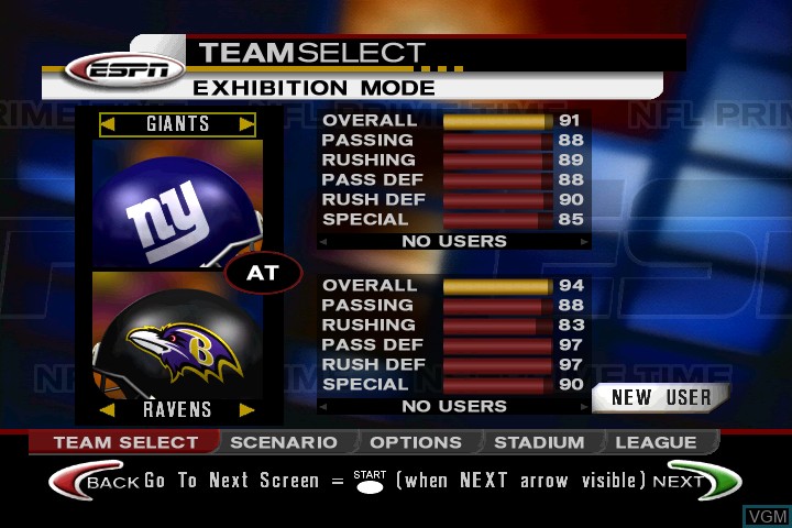 Menu screen of the game ESPN NFL PrimeTime 2002 on Microsoft Xbox