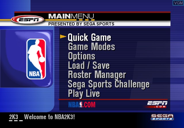 Menu screen of the game NBA 2K3 on Microsoft Xbox
