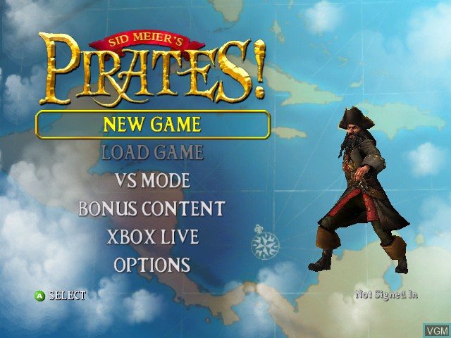 Menu screen of the game Sid Meier's Pirates! on Microsoft Xbox