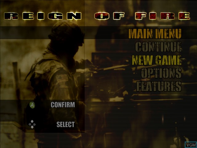 Menu screen of the game Reign of Fire on Microsoft Xbox