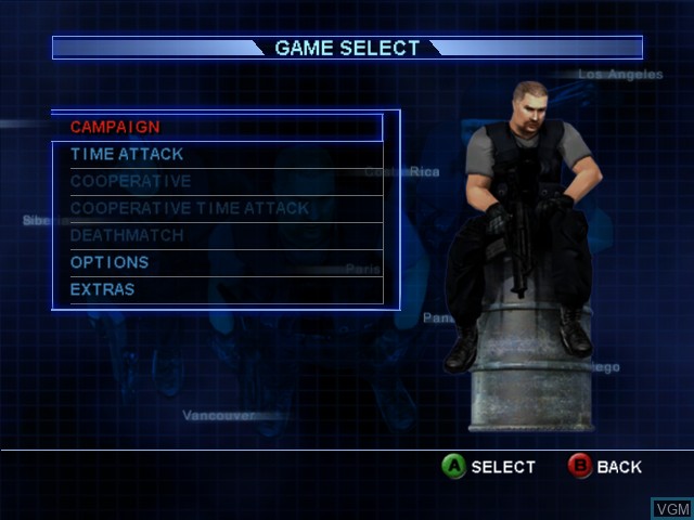 Menu screen of the game SWAT - Global Strike Team on Microsoft Xbox