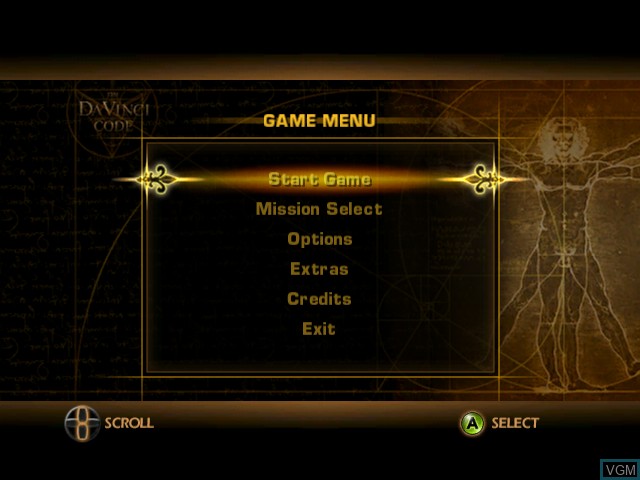 Menu screen of the game Da Vinci Code, The on Microsoft Xbox