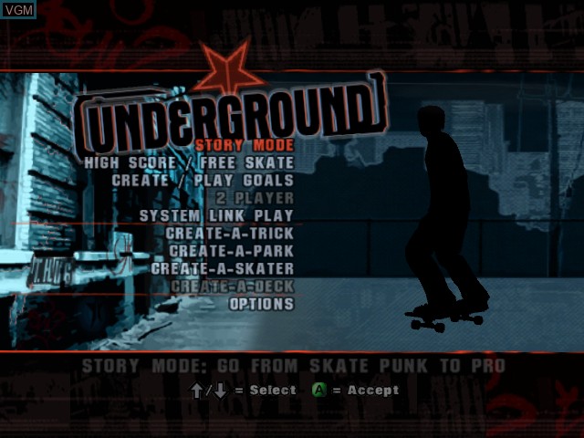 Menu screen of the game Tony Hawk's Underground on Microsoft Xbox