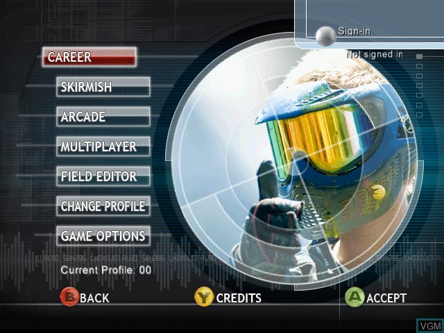 Menu screen of the game Splat Renegade Paintball on Microsoft Xbox