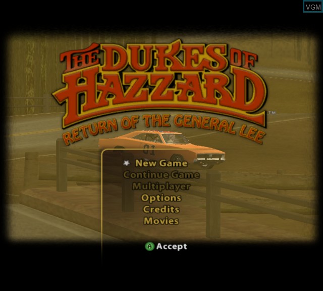 Menu screen of the game Dukes of Hazzard, The - Return of the General Lee on Microsoft Xbox