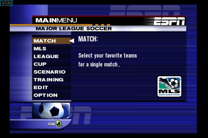 Menu screen of the game ESPN MLS ExtraTime 2002 on Microsoft Xbox