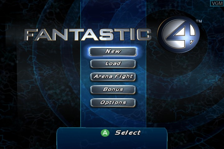 Menu screen of the game Fantastic 4 on Microsoft Xbox