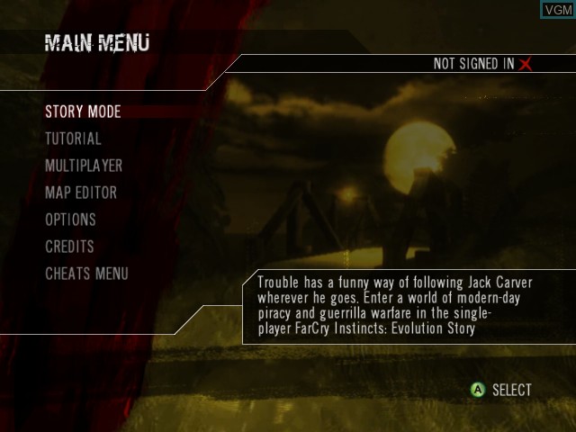 Menu screen of the game Far Cry Instincts Evolution on Microsoft Xbox