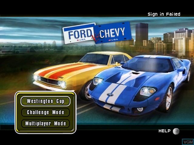 Menu screen of the game Ford vs. Chevy on Microsoft Xbox