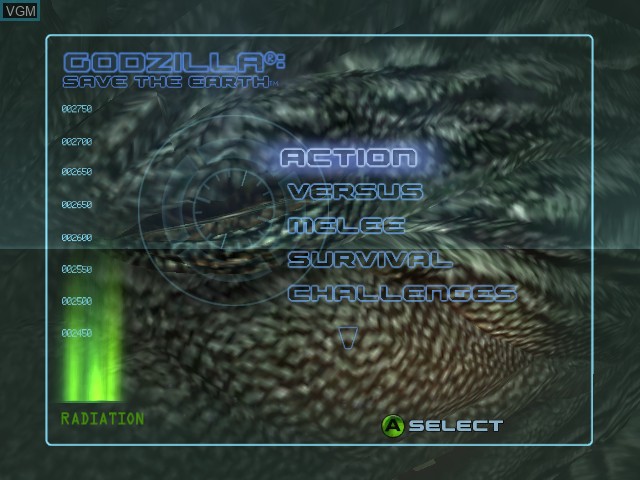 Menu screen of the game Godzilla - Save the Earth on Microsoft Xbox