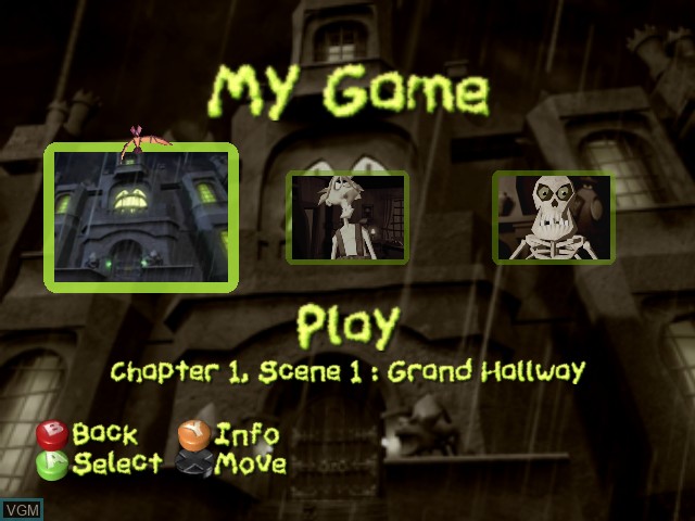 Menu screen of the game Grabbed by the Ghoulies on Microsoft Xbox
