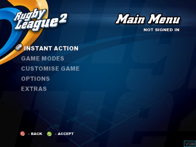 Menu screen of the game Rugby League 2 on Microsoft Xbox