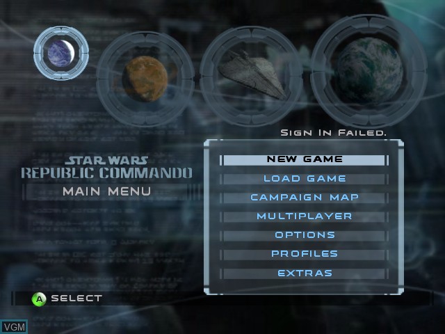 Menu screen of the game Star Wars - Republic Commando on Microsoft Xbox