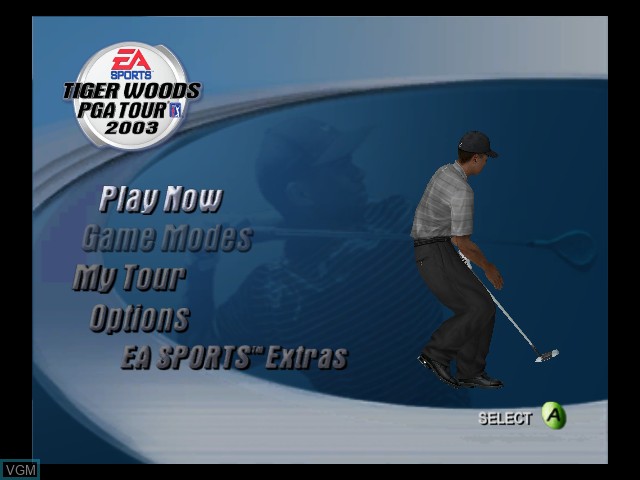 Menu screen of the game Tiger Woods PGA Tour 2003 on Microsoft Xbox