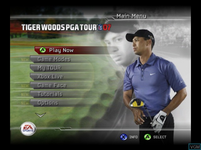 Menu screen of the game Tiger Woods PGA Tour 07 on Microsoft Xbox
