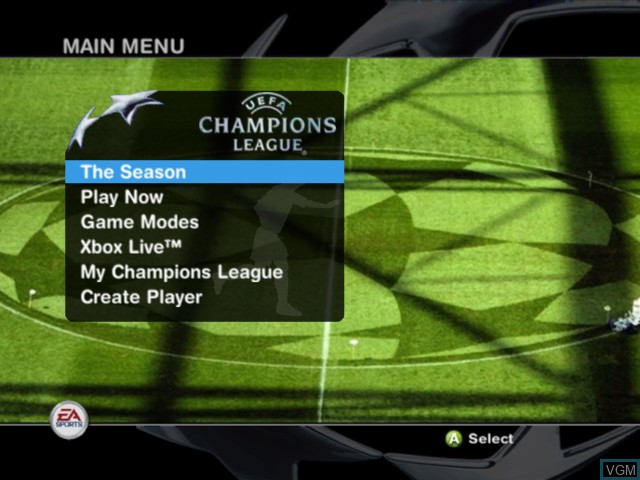 Menu screen of the game UEFA Champions League 2004-2005 on Microsoft Xbox