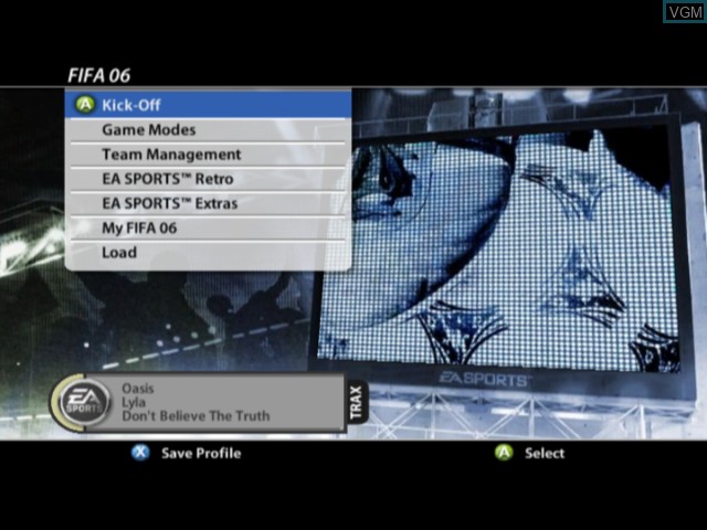 Menu screen of the game FIFA 06 on Microsoft Xbox