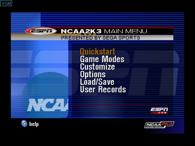 Menu screen of the game NCAA College Football 2K3 on Microsoft Xbox