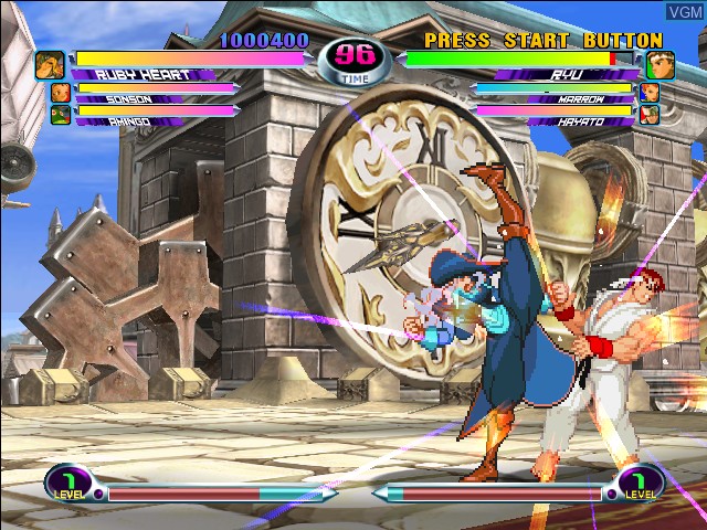 In-game screen of the game Marvel vs. Capcom 2 on Microsoft Xbox