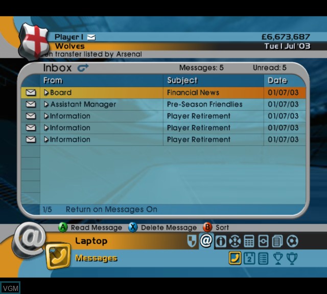 In-game screen of the game LMA Manager 2004 on Microsoft Xbox