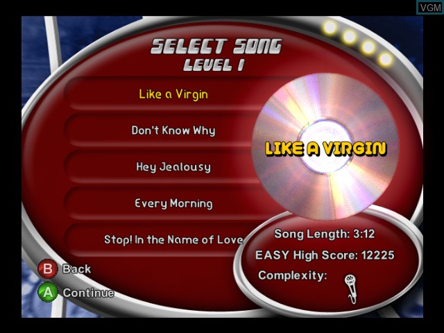 In-game screen of the game Karaoke Revolution on Microsoft Xbox