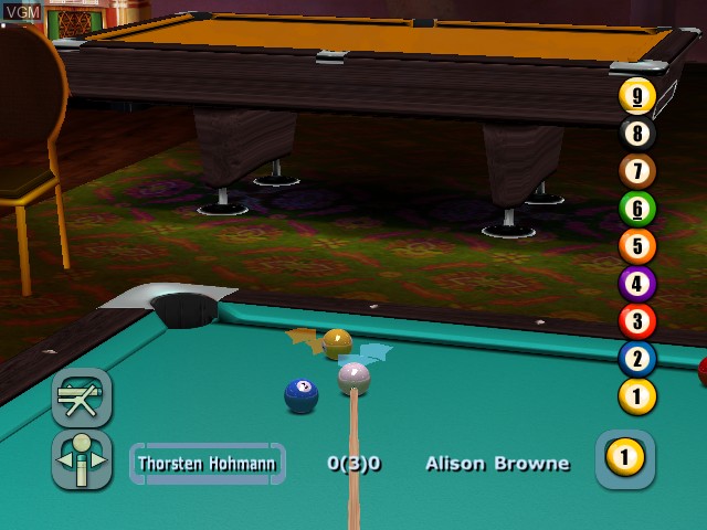 In-game screen of the game World Championship Pool 2004 on Microsoft Xbox