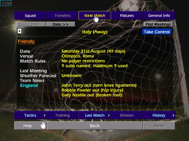 In-game screen of the game Championship Manager 2002/2003 on Microsoft Xbox